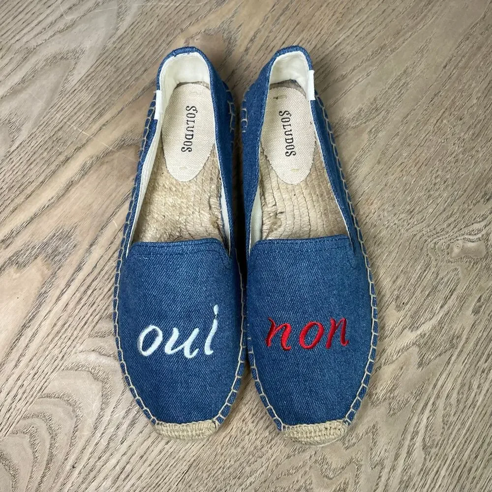 Soludos Denim Espadrilles Oui Non Embroidered Slip On Flats Blue Women’s Size 9